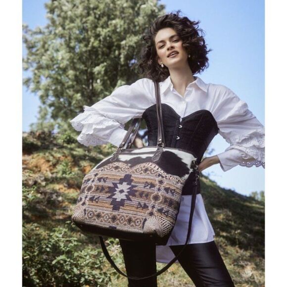 Myra Bag Handmade Panacea Tote Bag Upcycled Canvas & Cowhide Leather - Picture 1 of 9
